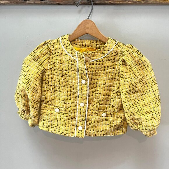 Yellow Boucle Puff Sleeve Jacket With‎ Button Front & White - Size 6 - Picture 1 of 7